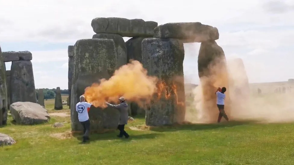 Stonehenge Vandalized with Orange Paint by Just Stop Oil Protesters